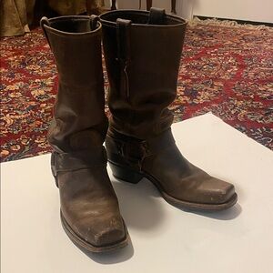 Frye Brown Leather Mid-Calf Heeled Harness Boots